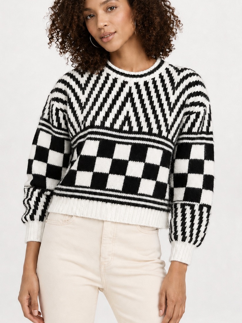 MOTHER Black & White Geometric Crewneck Sweater